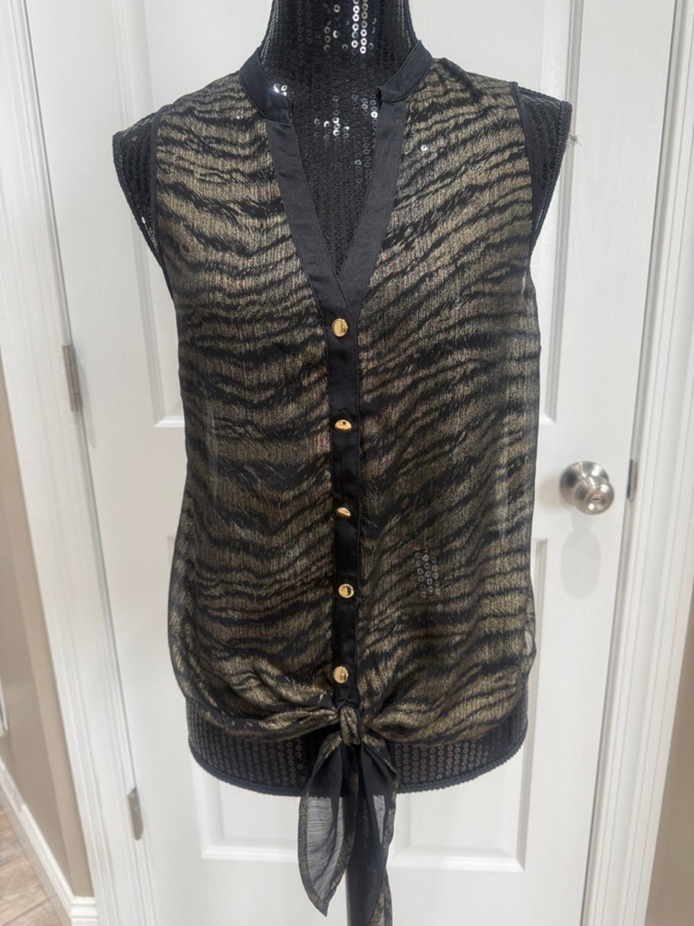 Cache Sheer Tiger-Stripe Tie-Front Blouse in Black and Gold
